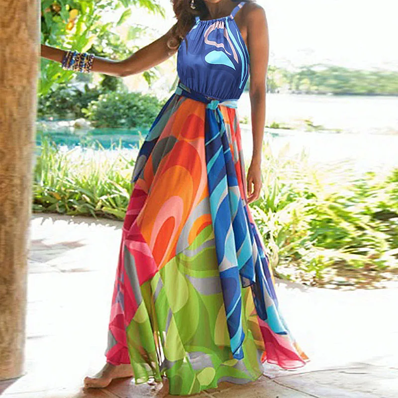 

Fashion Sleeveless Boho Maxi Woman Dress Halter A-Line Vintage Beach Dresses Printed Party Vestido