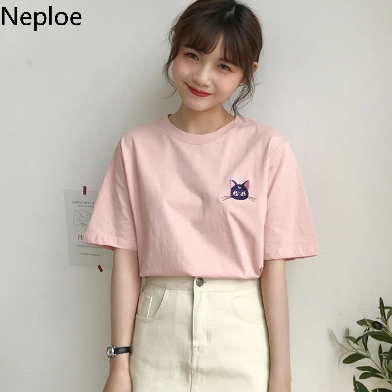 Neploe Сейлор Мун футболка Kawaii Женская летняя Harajuku Ullzang вышивка Женские топы