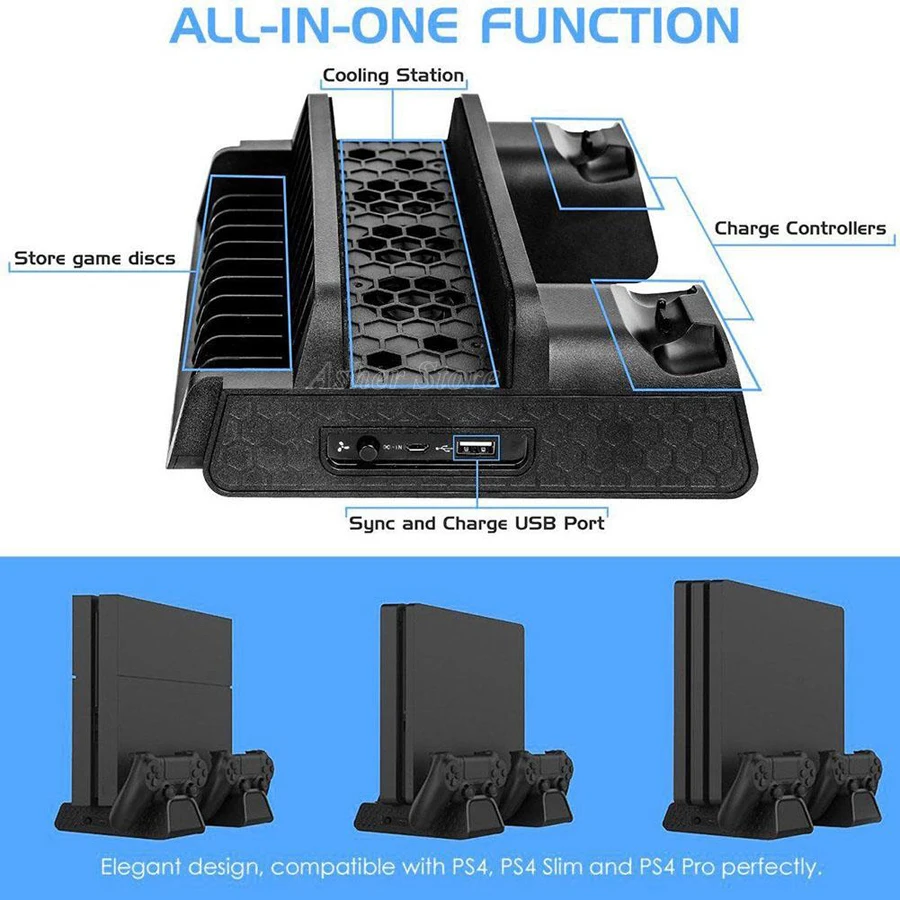 

PS4/Pro/Slim Vertical Stand Dual Controller Charger Charging Dock Cooling Fan Game Holder for Sony Play Station PS 4 Accessories