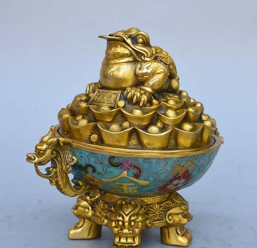 

Chinese Folk Bronze Cloisonne Wealth Toad Treasure Bowl Incense Burner Censer