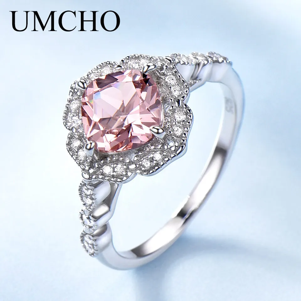 

UMCHO Solid Sterling Silver Cushion Morganite Rings for Women Engagement Anniversary Band Pink Gemstone Valentine's Gift