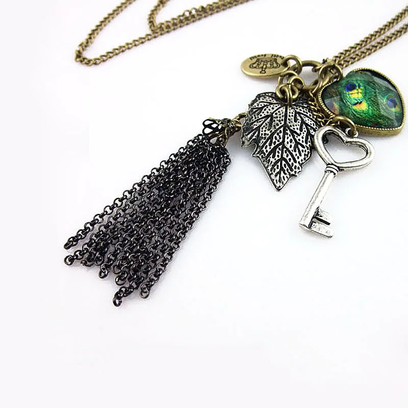 heart peacock feather key leave tassel necklace18