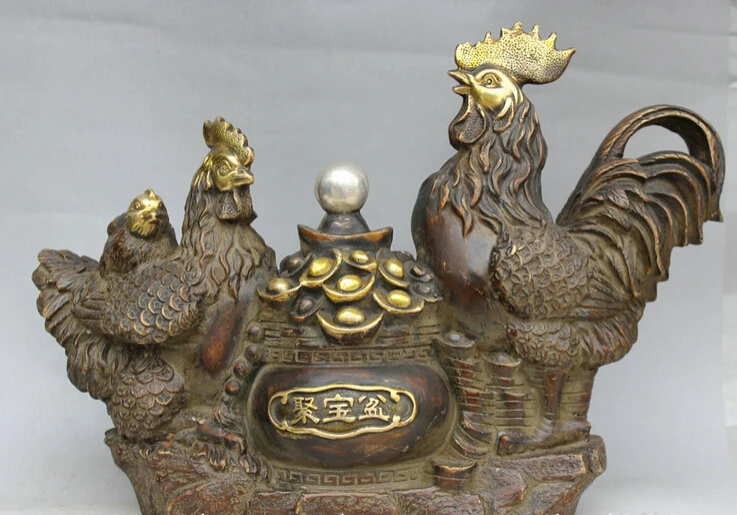 

S2080 14" Old China Bronze Gild treasure bowl Zodiac Year Rooster Cock Chicken Statue D0318