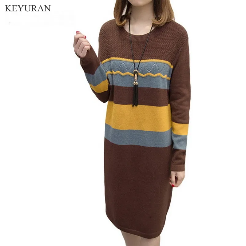 

Spring Autumn New Straight Striped O-Neck Warm Women Sweater Dress Vintage Plus Size Patches Midi Basic Knitted Dresses L1783