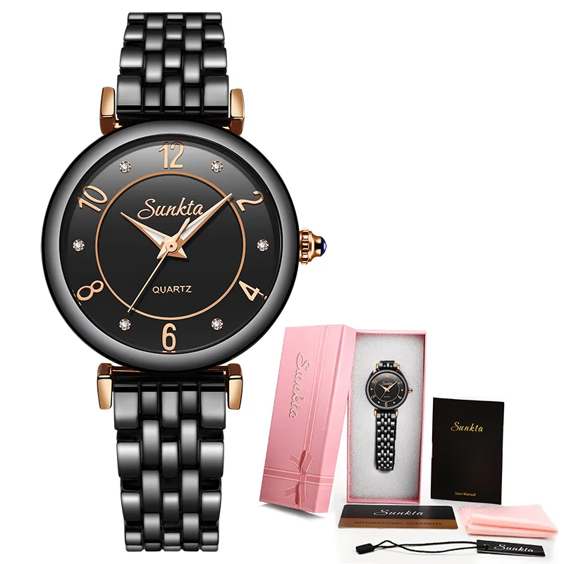 SUNKTA горячие женские часы Роскошный бренд подарок черные женские часы Мода/платье наручные часы водонепроницаемый простой стиль Reloj Mujer - Цвет: Rose gold black