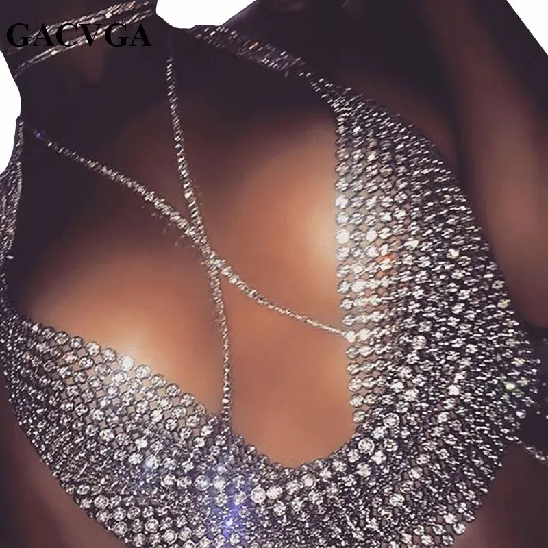 

GACVGA 2019 Crystal Diamond Sexy Backless Women Crop Tops Halter Tank Camis Cropped Bra Crop Top Strap Lady Party Vest T Shirt