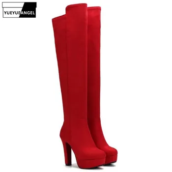 

Faux Suede Over Knee Boots Women Round Toe Platform Side Zip Footwear For Female Super High Heel Winter Fashion Wedding Shoes