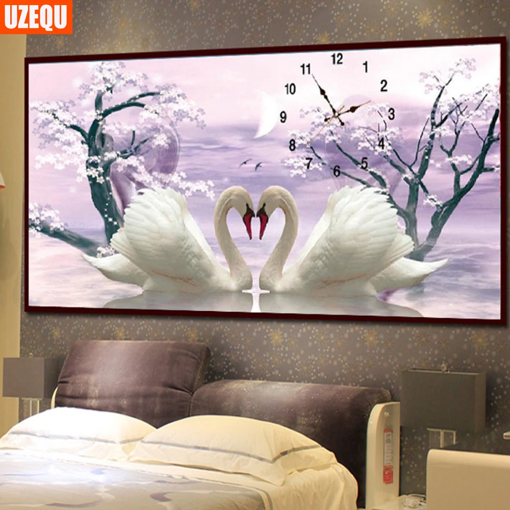 

UzeQu 5D DIY Diamond Painting Cross Stitch Wall Clock Swan Lover Diamond Embroidery Full Mosaic Painting Rhinestones Needlework