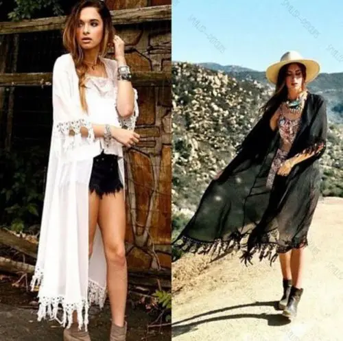 

Sexy Women Tassel Chiffon Cardigan Long Tops Blousa Bikini Swimwear Cover Up Beach Dress