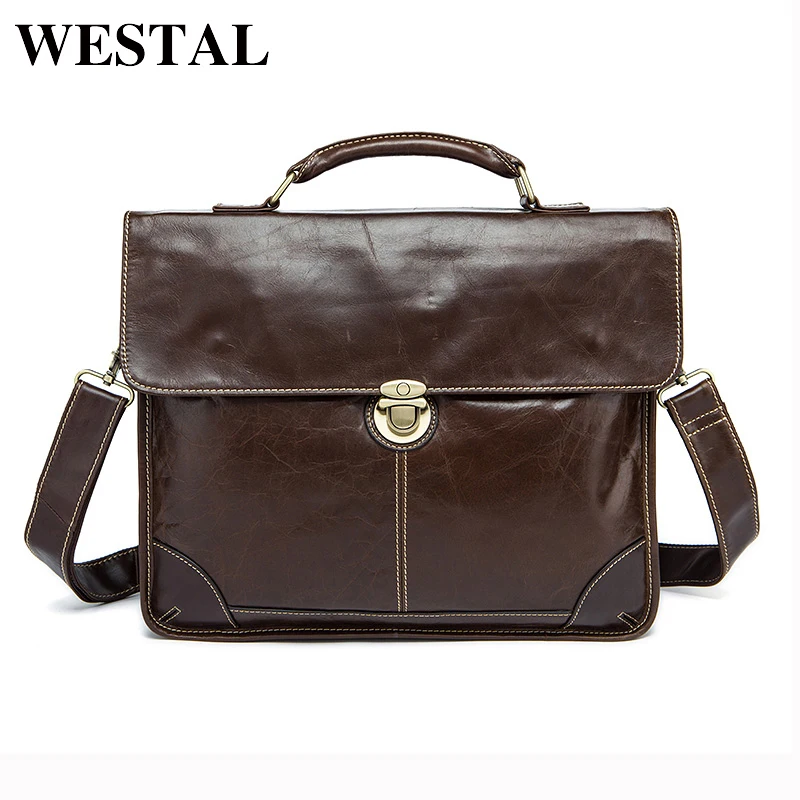 WESTAL Genuine Leather Men Bags male Men's Handbags Fashion business Laptop Briefcases Portfolio shoulder Tote crossbody bags