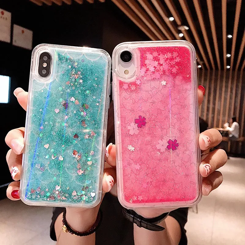 

For iPhone X XS XR XS Max 6 6s 7 8Plus Luxury Aurora Polaris Cartoon Fish Scale Liquid Quicksand Fashion Flower Phone Case Cover