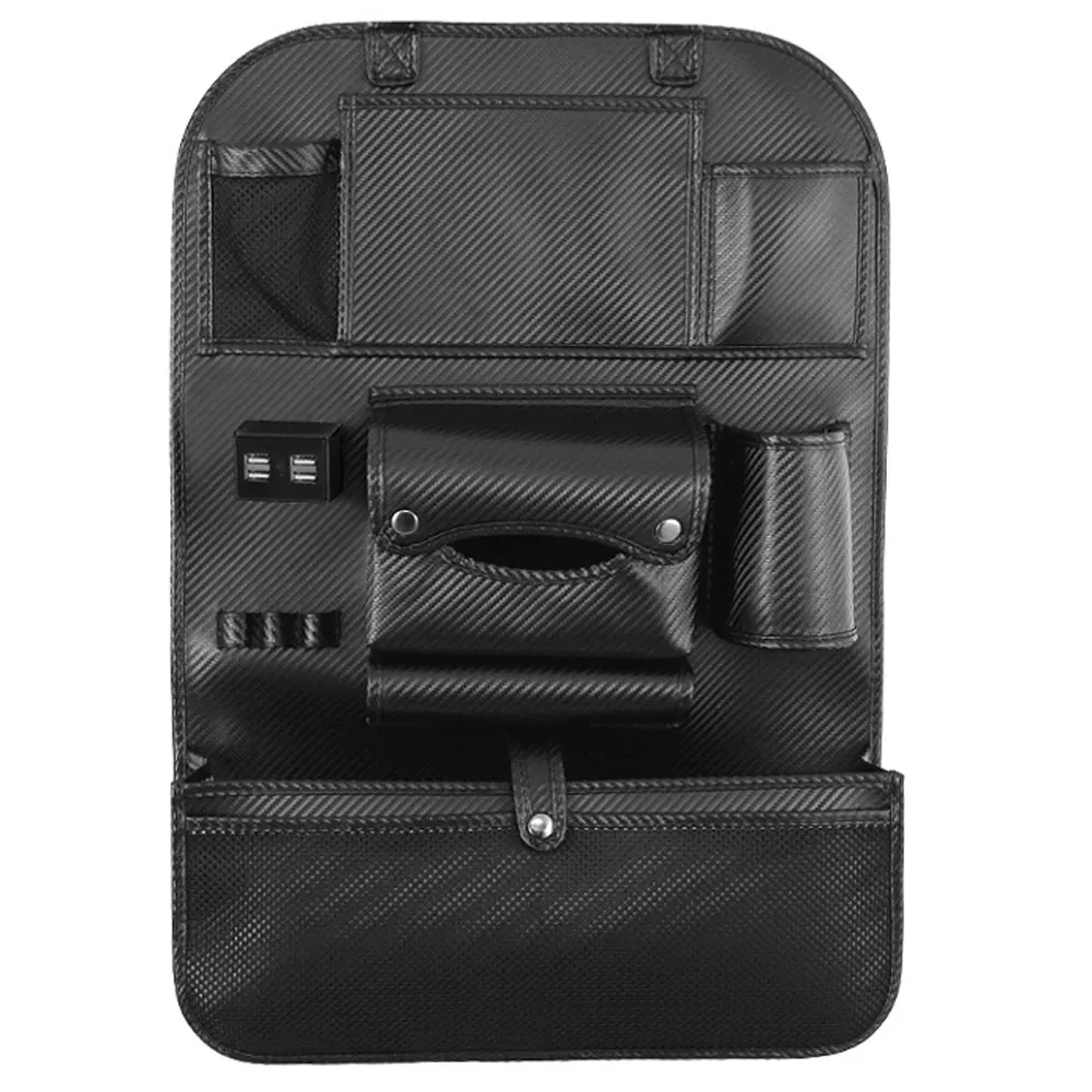 4 USB) Высококачественная кожаная Автомобильная задняя сиденье многокарманный Органайзер Автомобильная сумка на спинку кресла автомобильный дорожный Органайзер с лотком для детей - Название цвета: Carbon NO Shelf