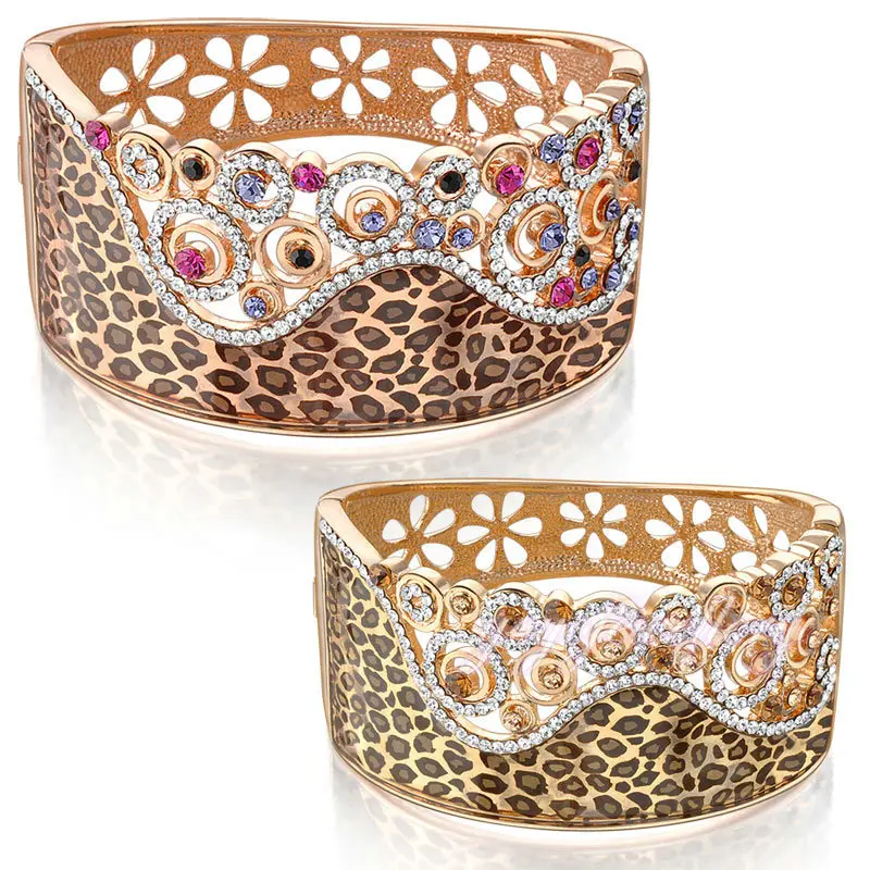 Mytys GP Hollow Flower and Leopard Pattern Crystal Beaded Wide Bangle for Lady B21 B22