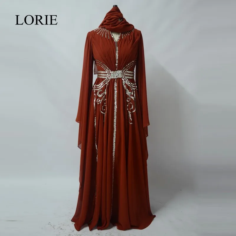 Dubai Caftan Evening Dresses Long Sleeve With Hijab 2018 LORIE Abendskleid Abaya Muslim Chiffon Beading Long Prom Party Dress