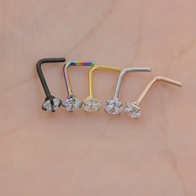 A-Hha 1Pc 20G Zircon Nose Stud Steptum Nose Studs Hooks Bar Pin Nose Rings Body Piercing Stainless Steel Jewellery,Silver Twist Shape,2Mm Gem Stone