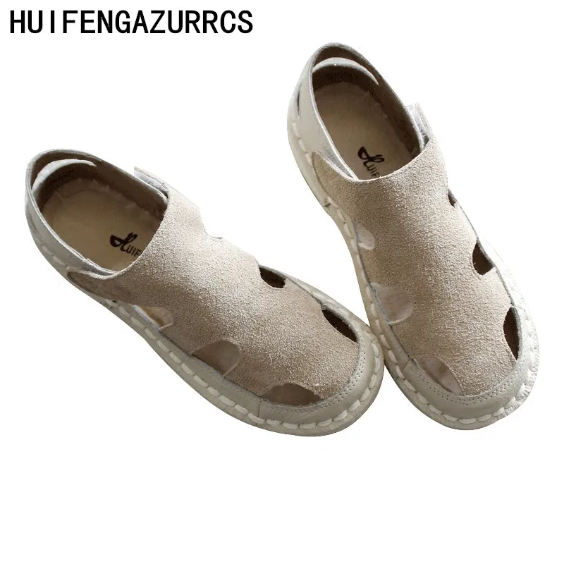 

HUIFENGAZURRCS-Original retro literature Cow Suede pure handmade soft soles women shoes comfortable simple hollowed sandals