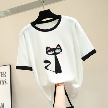 

2019 New Summer Fashion O Neck Color Block Short Sleeve Tshirts Cat Embroidery Knitting Tops All-match Casual Students T-shirt