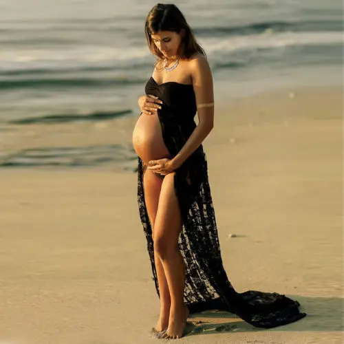 Летнее кружевное длинное платье для беременных; реквизит для фотосессии без бретелек; Одежда для беременных; Цвет черный, белый; платье для беременных - Цвет: Черный