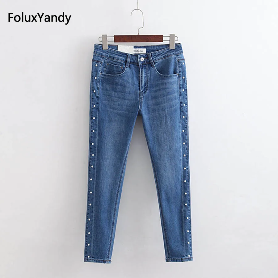 

Casual Rivet Jeans Women Plus Size Skinny Pencil Pants Denim Stretched Jeans Blue KKFY1674