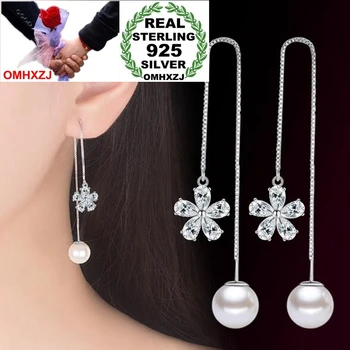 

OMHXZJ Wholesale Fashion Pear Flower ABS Shell Pearl Women 925 Sterling Silver Tassel Pendant Drop Long Ear Line Earrings YS452