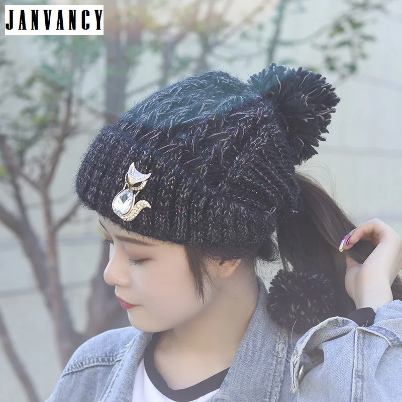 Зимняя меховая шапка с 3 помпонами, украшенная кристаллами лисицы, конский хвост, шапка из толстой шерсти, теплая вязаная шапка для женщин, милая шапка с защитой ушей, розовая шапка