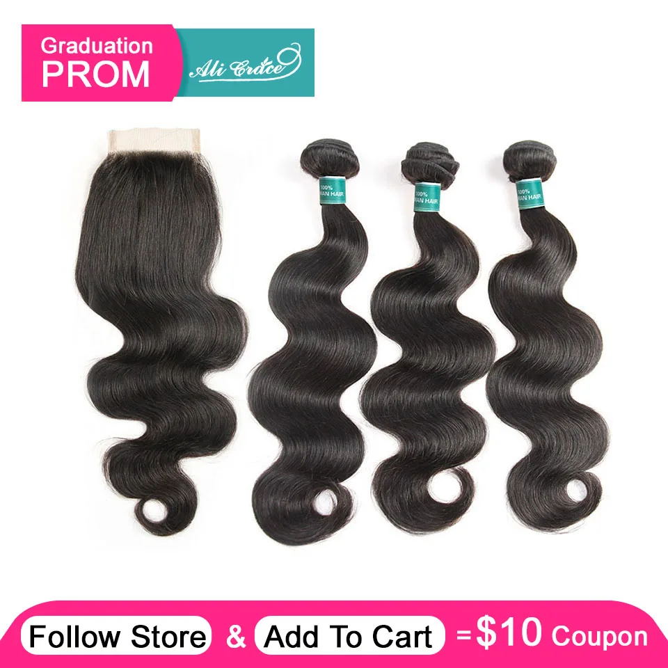 

Ali Grace Brazilian Body Wave Hair With Closure 4*4 Free Middle Part Closure with Bundles Remy Human Hair Bundles With Closure