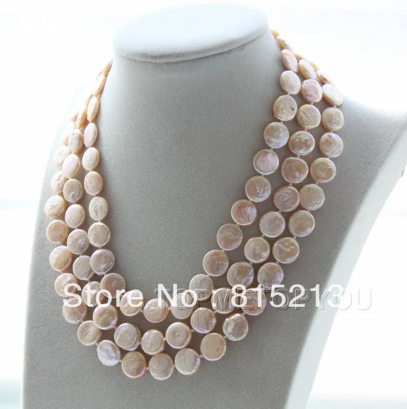 

HOT Sell* S1108 Wonderful!! 3rows 12mm natural pink round coin pearls adjustable necklace (B0409)