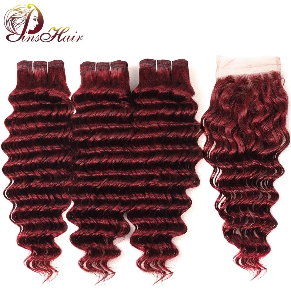 Pinshair Bold Red 99J бордовые пучки с закрытием глубокие волны индийские человеческие волосы 3 пучки с закрытием не Реми волосы не клубок