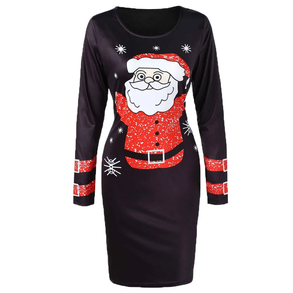 Страуса, праздничный костюм, модное женское платье с круглым вырезом и длинным рукавом, рождественское платье с принтом Санта Клауса, милое Повседневное платье - Цвет: Black