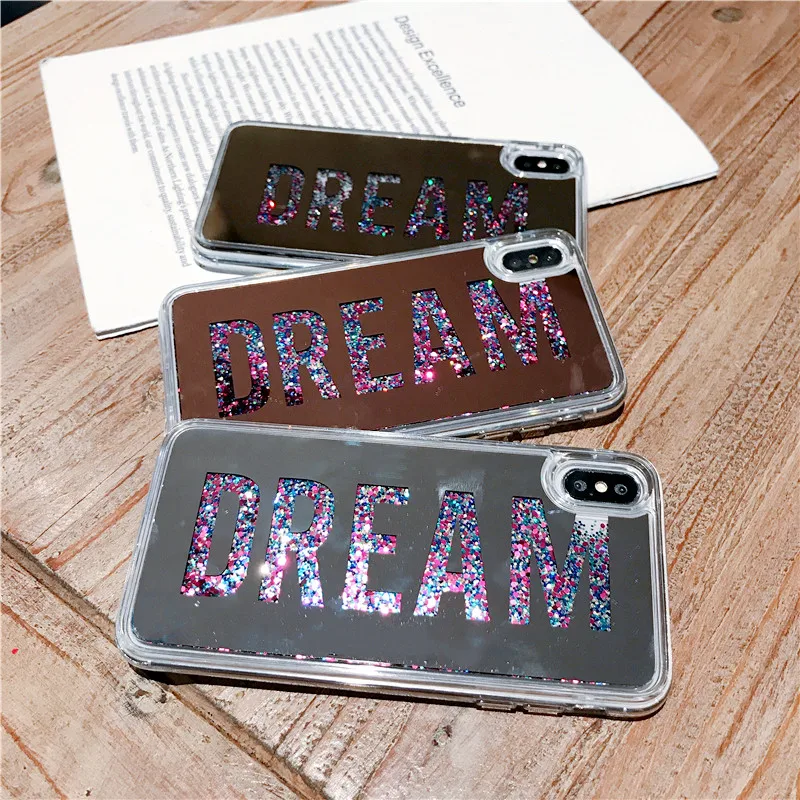 

Fashion English Hollow Liquid Mirror Cover Phone Shell For iPhone 6 6s 7 8 PLUS X XS XR XSMAX Flash Flowing Powder Back Cases
