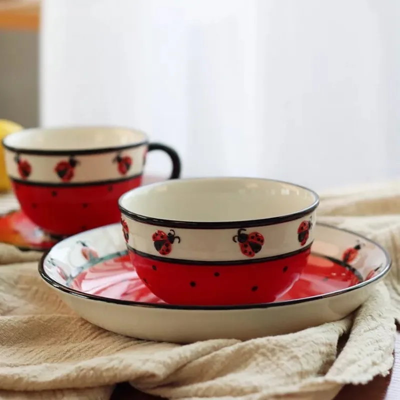 AYC New cute cartoon children's tableware ceramic 5 piece set Creative small insect butterfly bee bowl cup spoon