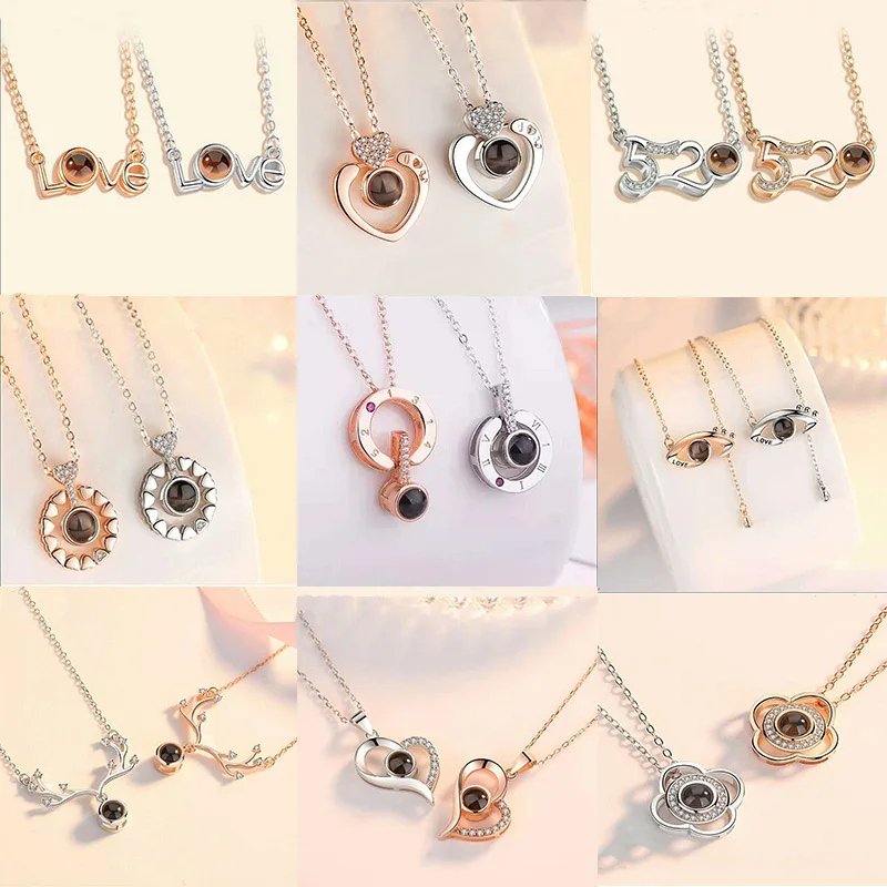 

SHEON Rose Gold & White Gold 100 languages I love you Projection Pendant Necklace Romantic Love Memory Wedding Necklace Jewelry