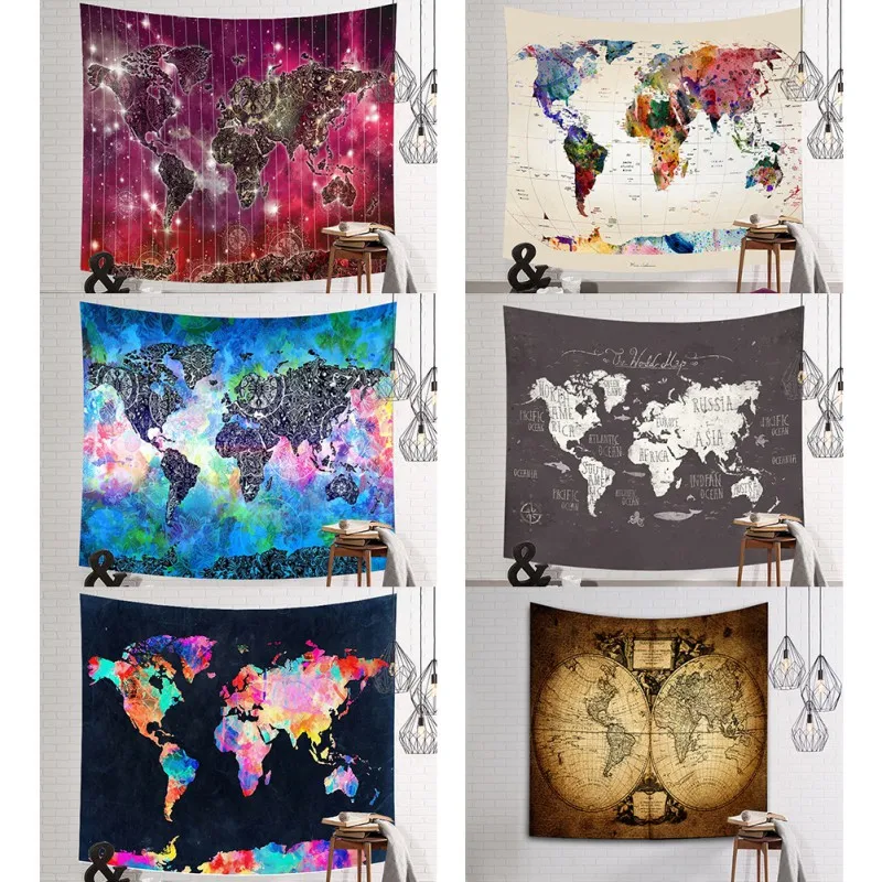 Color World Map Tapestry Printed Polyester Fabric Wall