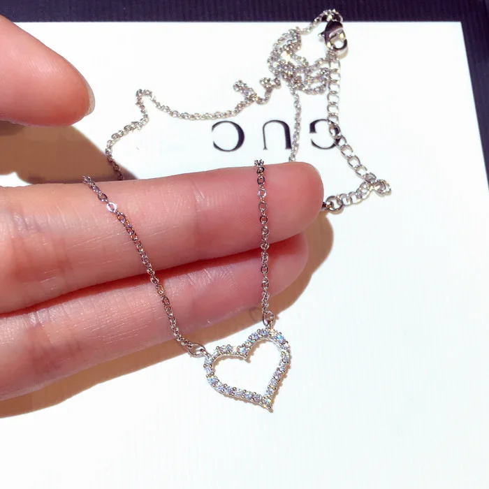 925 пробы, серебряная цепочка для женщин, в форме сердца, блестящий циркон, простое ожерелье для женщин, модное ювелирное изделие - Окраска металла: Pendant necklace