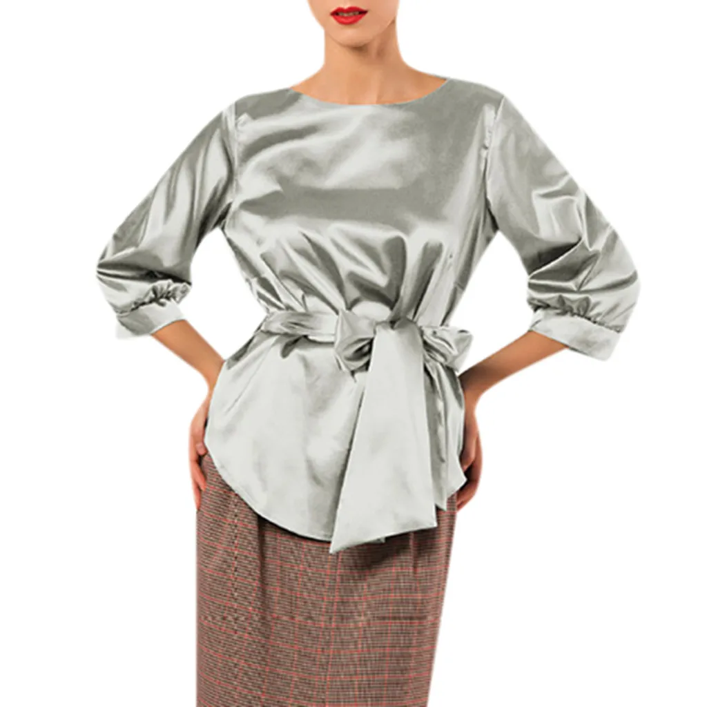 Блузка с круглым вырезом, Однотонная рубашка с бантом и неровным рукавом, женские топы, Повседневная Туника, Tunique Femme - Цвет: Серый