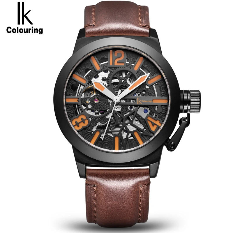 

IK colouring Rose Gold Case Automatic Mechanical Watches Men Brand Luxury Genuine Leather Transparent Hollow Skeleton Watch
