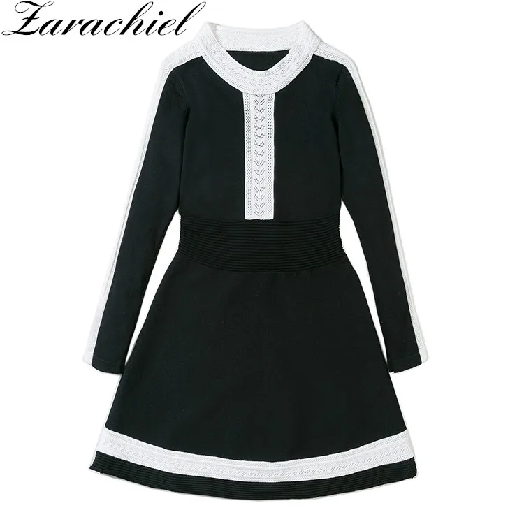 

Zarachiel Runway Knitted Dress 2019 Winter Women Casual Black White Patchwork Crochet Hollow Out Long Sleeve Slim Sweater Dress