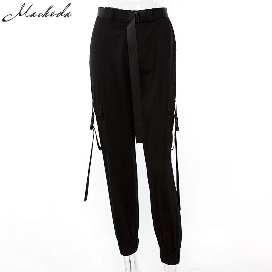 Macheda Новые женские чёрные брюки с высокой талией модные в стиле хип-хоп свободные штаны с карманами с длинным ремнем