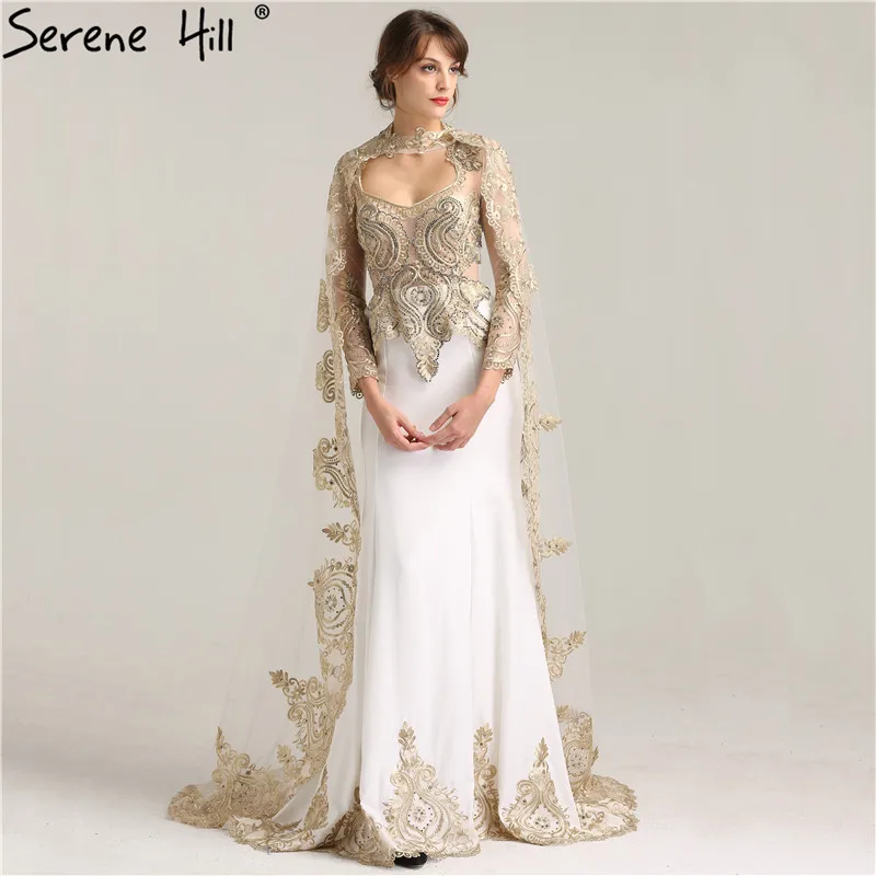 

Sexy Gold Appliques Arabic Mermaid Evening Dresses with Shawl 2019 New Design Beaded Party Gown Dubai Robe De Soiree BLA6271