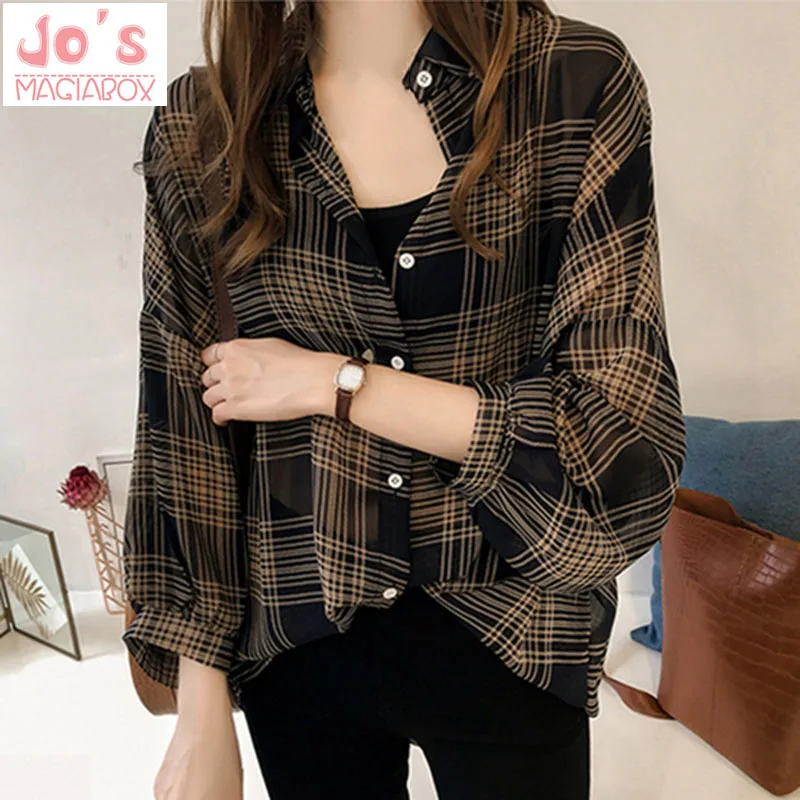 

Summer Women Plaid Casual Shirts Korean Button Chiffon Shirts Sweet Tops And Blouses Nine Quarter Kimono Blusas Mujer New Shirts