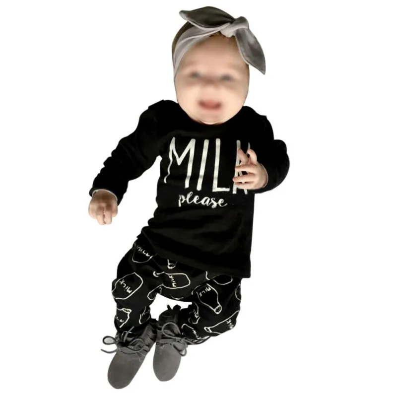 

Autumn Fashion Baby Girl Clothes Unisex Black Cotton Clothing Set Long Sleeve T-shirt+Pants Newborn Baby Boy Clothing Set