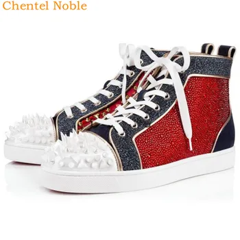 

2019 Brand Chentel Crystal Men Casual Shoes Party Dress Shoes Men Flats Lace-Up Sneakers White Gold Studded Big Size Mixed Color