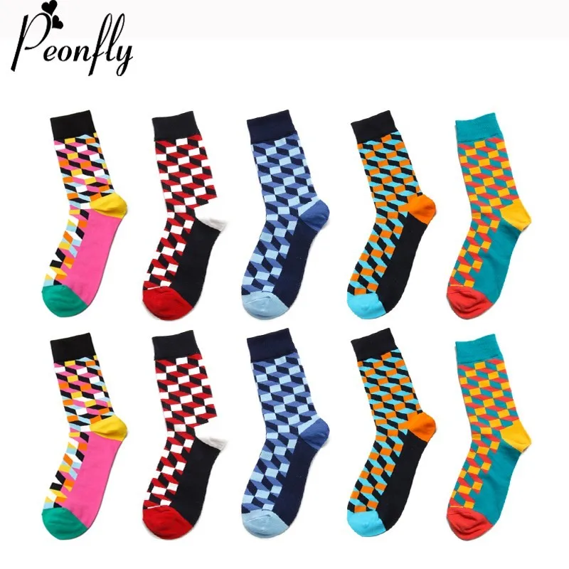 

PEONFLY Fashion New High Quality Comfortable Cotton Autumn Winter Creative Colorful Square Geometric Casual Men Long Happy Socks
