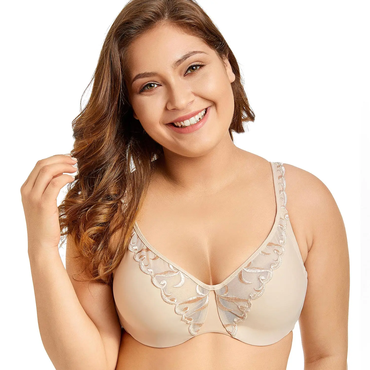 Beige03 Delimira Для женщин неутепленные полный охват минимайзер на косточках вышитые бюстгальтер - Цвет: Beige03