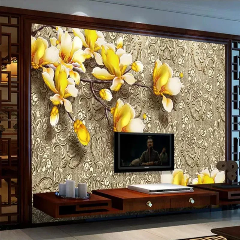 

Custom wallpaper color carved magnolia metal pattern texture TV background wall painting high-grade waterproof material