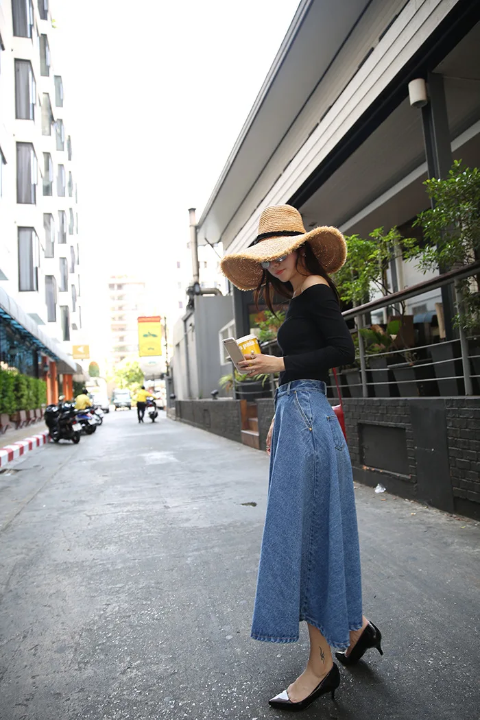 HATCAT корейская джинсовая юбка бальное платье консервативный Стиль Женская однотонная длинная джинсовая юбка с высокой талией Женская Большой Подол Макси Плюс Размер