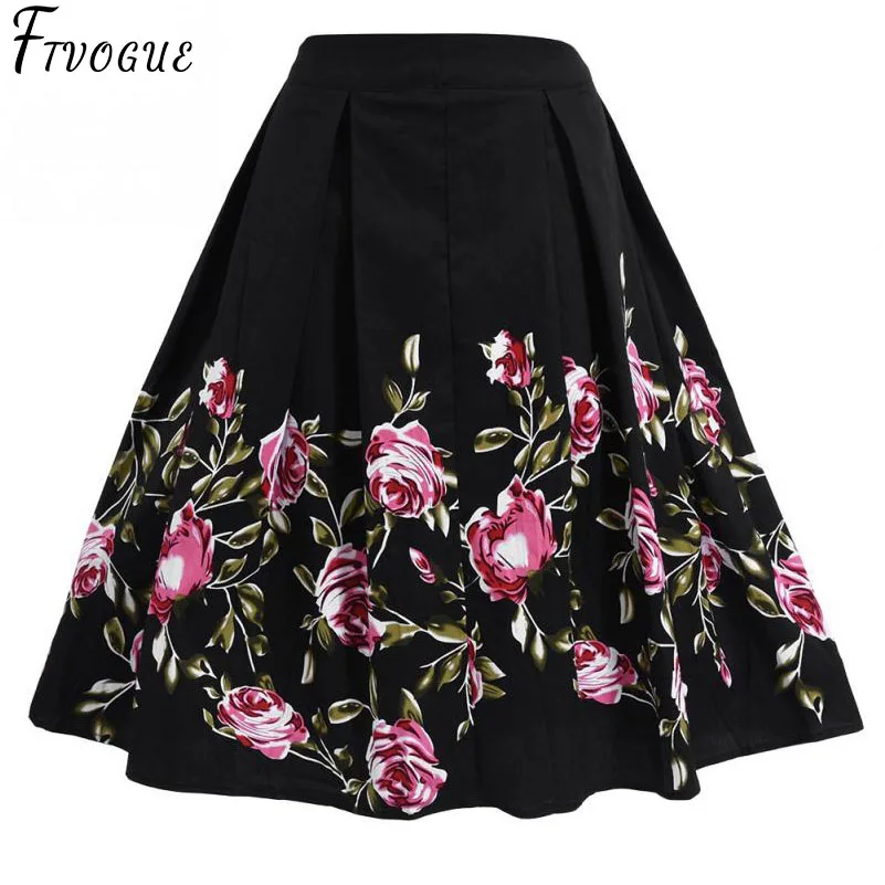

Floral Vintage Plus Size Swing Skirt Black Pleated Retro Femme Flowers Print Midi Skirts Womens High Waist Cotton A Line Skirt