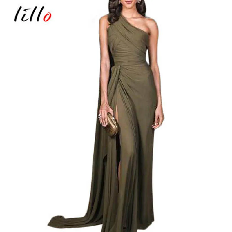 

Elegant party dress One-Shoulder Long Dress Women Summer Split Side Sexy Dress Elegant Maxi Sashes Side slit temperament Dress