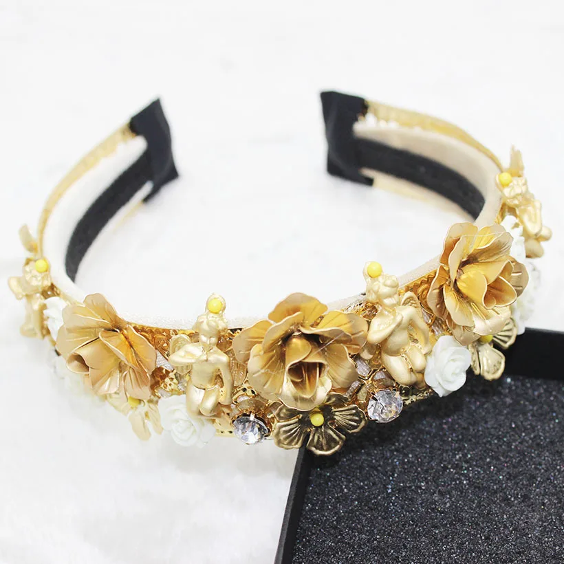 

Jeweled Headband Women Gem Designed Hair Accessories Leaf Wedding Hair Gold Metal Rose Crown Bands Party Luxury Baroque Hairband