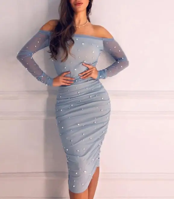 Синий Облегающее женское платье с открытыми плечами Vestidos сексуальное Сетчатое платье с бусинами и жемчугом с длинным рукавом летнее Клубное вечернее платье знаменитостей - Цвет: Синий